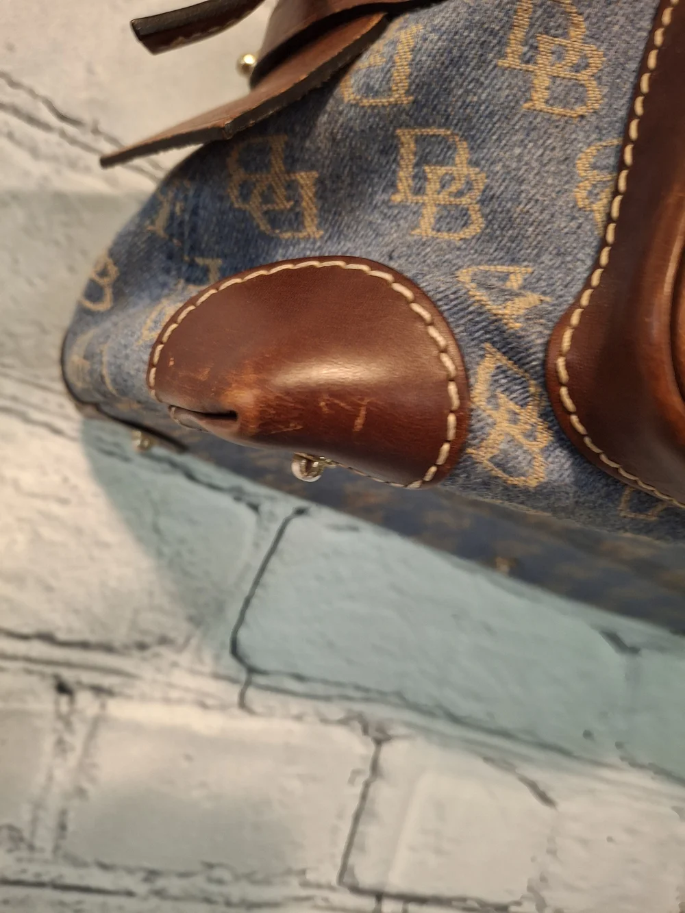 Dooney & Bourke Blue and Brown Logo Pocket Shoulder Bag